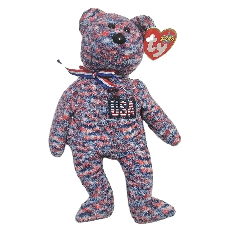 Vintage USA Ty Beanie Baby The‎ Bear 2000 Patriotic Red White Blue Collectible